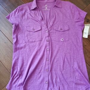 New York & Company Purple Button Down Shirt Short Sleeve Nwt 100% Cotton